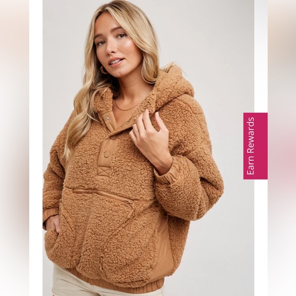 Bluivy Tan Teddy Sherpa Half Button Hooded Jacket - Picture 3 of 10